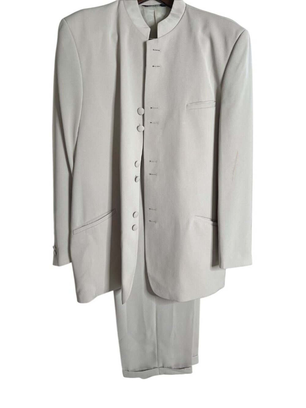 Eddie Domani Mens Cream Mandarin Collar Suit 44L Jacket & 38L Pants Polyester Bl